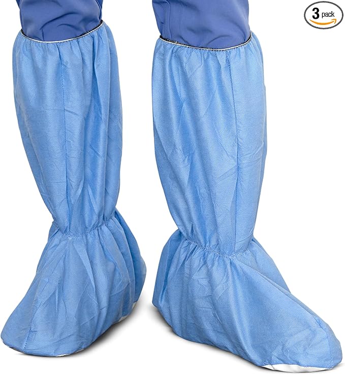 Quest Traction Disposable Boot & Shoe Covers 18" Tall – Non-Slip, Water-Resistant Protective Overshoes, Blue, Small, 3 Pairs for Cleanroom, Medical & Industrial Use