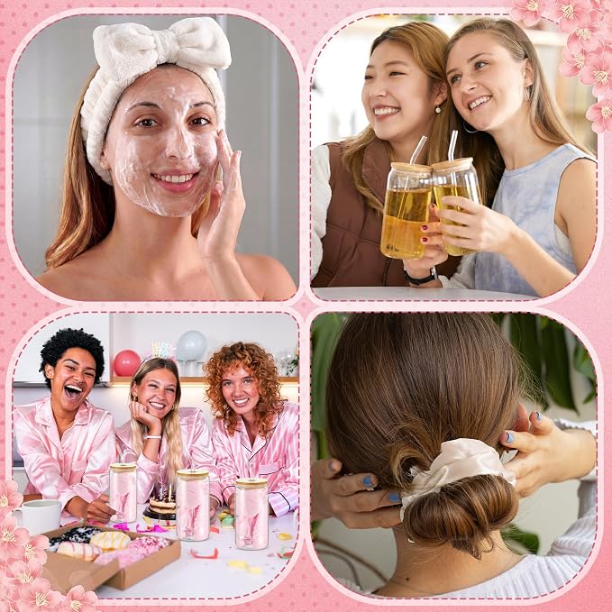 37 Pcs Spa Sleepover Party Supplies for Girls, 6 Set Spa Party Favors, Include Cups, Hairbands, Sleep Eye Mask, Headband, Brush, Tote Bags with Ribbon for Beige Sleepover Birthday Favors