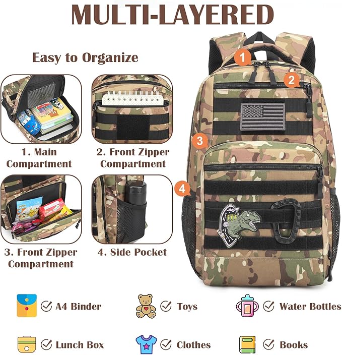 Kids Tactical Backpack Army Molle Bookbag Military Boys Backpack for School, Outdoor, Camping, CM