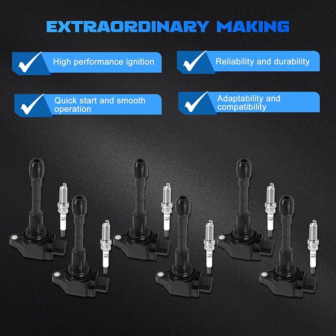 6PCS UF550 Ignition Coils + 6PCS Iridium Spark Plugs Ignition Coils Pack Fits for 2014-2020 QX60, 2007-2018 Altima, 2009-2020 Maxima, 2009-2020 Murano 2.5L 3.5L, Coil Pack Set Aftermarket Parts