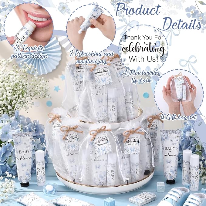 24 Sets Baby in Bloom Hand Cream and Lip Balm Gift Blue Bow Floral Baby Shower Party Favors for Guest Travel Size Hand Lotion and Lip Balm Bulk Babys Shower Birthday Party Supplies