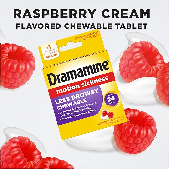 Dramamine Motion Sickness Less Drowsy, Chewables for Nausea Relief During Travel, Raspberry Cream Flavor, 12 Count, Pack of 2
