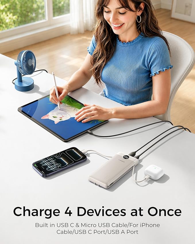VEGER Portable Charger with Built-in AC Plug and Cables, All in One 10000mAh Ultra Slim Power Bank Emergency Fast Charging for Travel Battery Pack Compatible with iPhone, Samsung, Android, Coffee