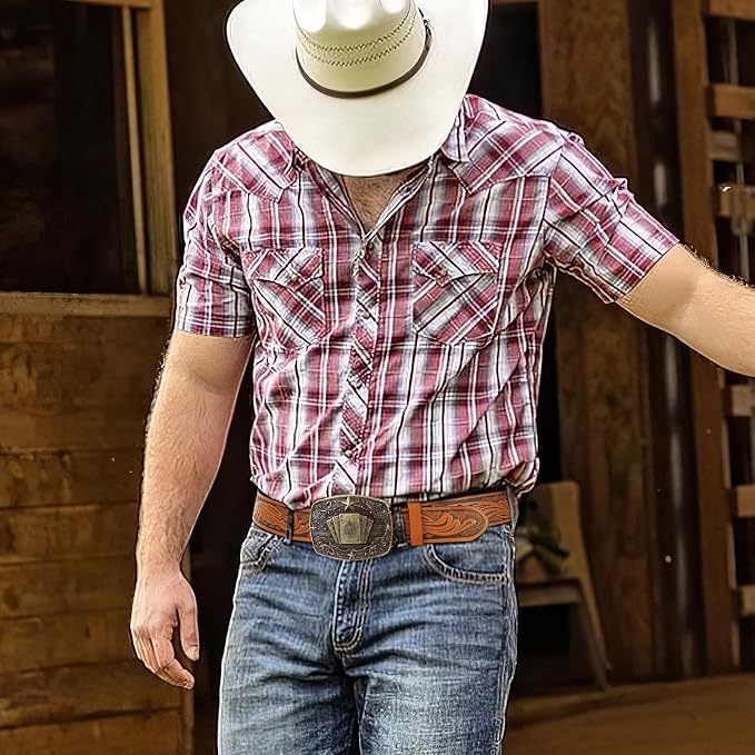 SANSTHS Western Cowboy Belts for Men Women, Mens Western Belt Bull Buckle Country Belt Cowboy Leather Belt for Jeans