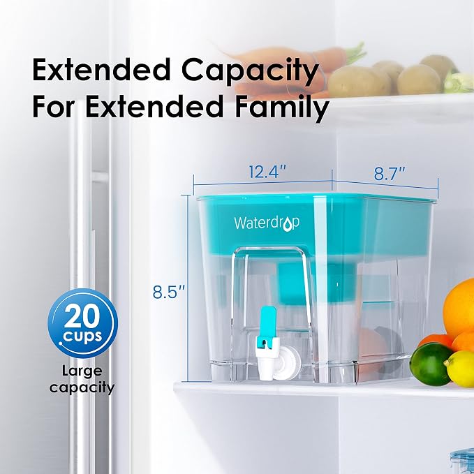 Waterdrop WFD-22B Large Water Filter Dispenser, 40-Cup Water Filter Pitcher, 200-Gallon Long-Life, Reduces Chlorine, PFOA/PFOS and More, BPA Free, Turquoise