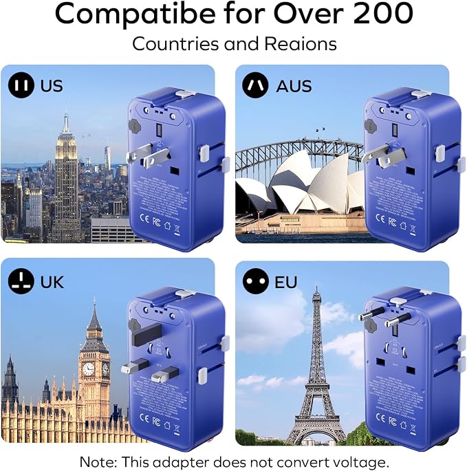 (2026 NEW) MOMAX Universal Travel Adapter, Ultra-Thin 70W GaN International Plug Adapter with 3 USB-C, 1 USB-A and AC Outlet, Works in 200+ Countries, Not a Voltage Converter, for International Travel