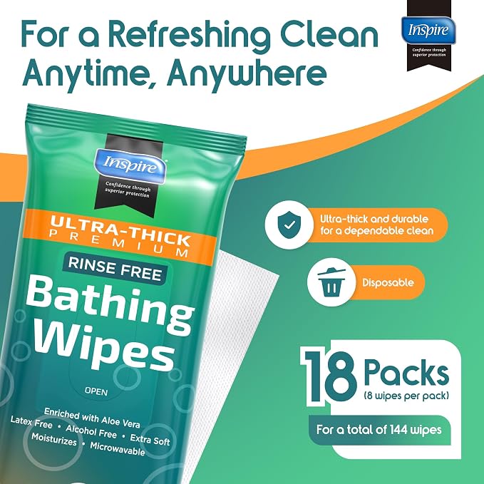 Inspire Ultra Thick Rinse Free Body Wipes, Bathing Wipes, Rinse Free Wet Wipes, Thick Strong Extra Large With Aloe Vera Enriched
