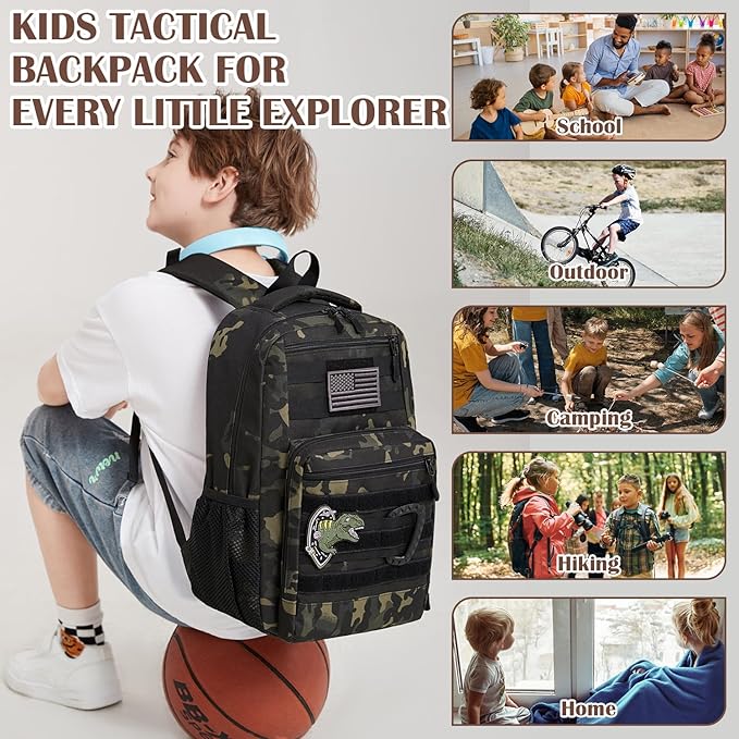 Kids Tactical Backpack Army Molle Bookbag Military Boys Backpack for School, Outdoor, Camping, Black CM