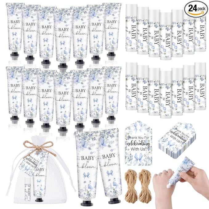 24 Sets Baby in Bloom Hand Cream and Lip Balm Gift Blue Bow Floral Baby Shower Party Favors for Guest Travel Size Hand Lotion and Lip Balm Bulk Babys Shower Birthday Party Supplies
