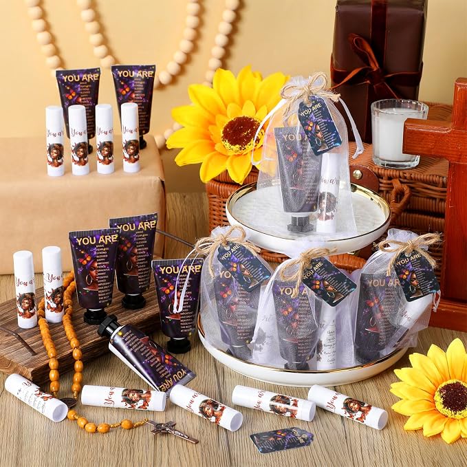 24 Sets Christian Graduation Gifts Hand Cream and Lip Balm Bulk Teacher Appreciation Gifts Bible Verse Thank You Cards with Organza Bag for Graduation Supplies(African American)