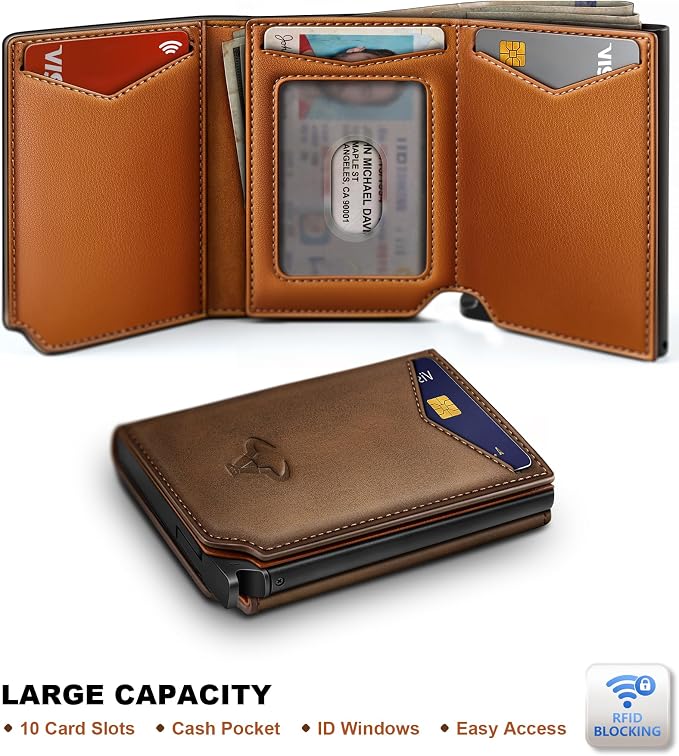 BULLIANT Men Wallet Leather Wallet Card Holders Money Clip for Men 10Cards-Magnetic Flip on Metal Case