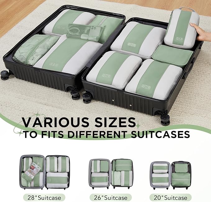 10 Set Compression Packing Cubes for Travel Essentials,Compressible Expandable Packing Cubes for Suitcase,OlarHike Luggage Garment Bags for Travel,Handy Helper for Organizing Clothes(Matcha Green)