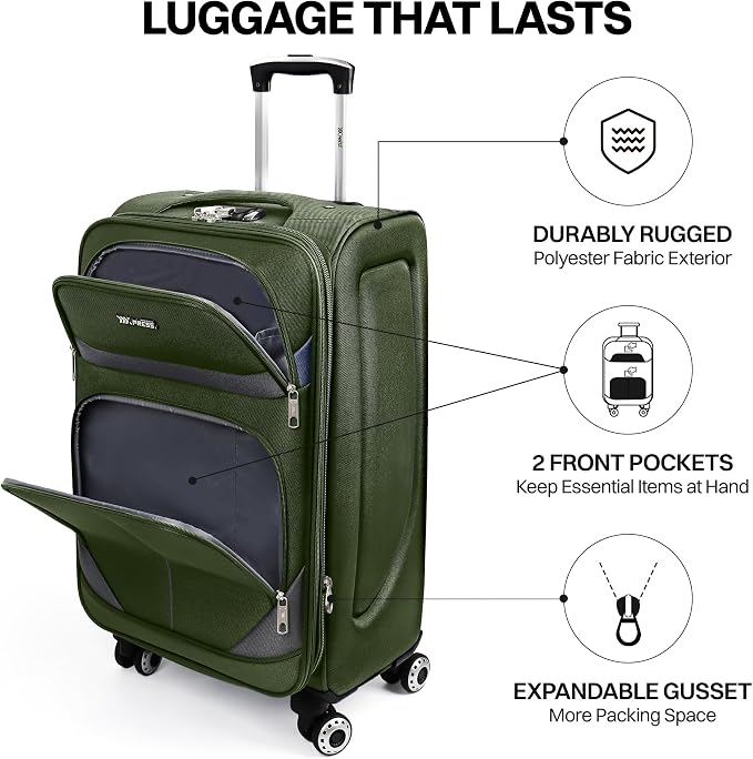 3-Piece Softside Expandable Luggage Set with Front Open Pocket,Lightweight Durable Suitcase Sets Double Spinner Wheels & w/LOCK（Green-Grey,20in/24in/28in）