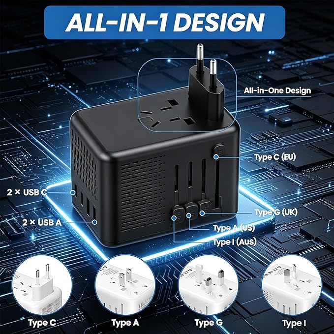 220V to 110V Voltage Converter US to Europe for Hair Dryer, Power Converter Adapter Combo with Fast Charging 2 USB A & 2 USB C, International Adapter European Travel Converter C G A I (Black)