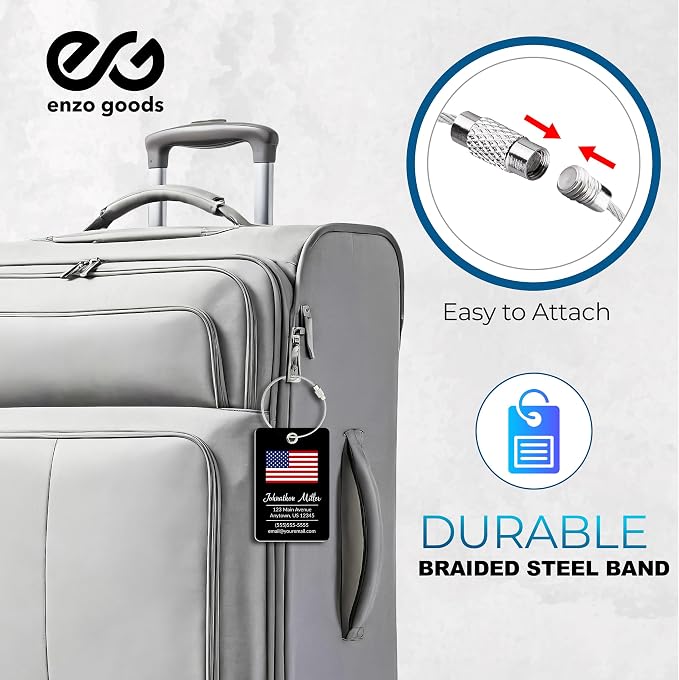 Personalized Luggage Tag with American Flag | 10 Pack | Custom Luggage Tags for Suitcases | Kids Backpack Tag | 4 Color Options & Choose Font, Font Color