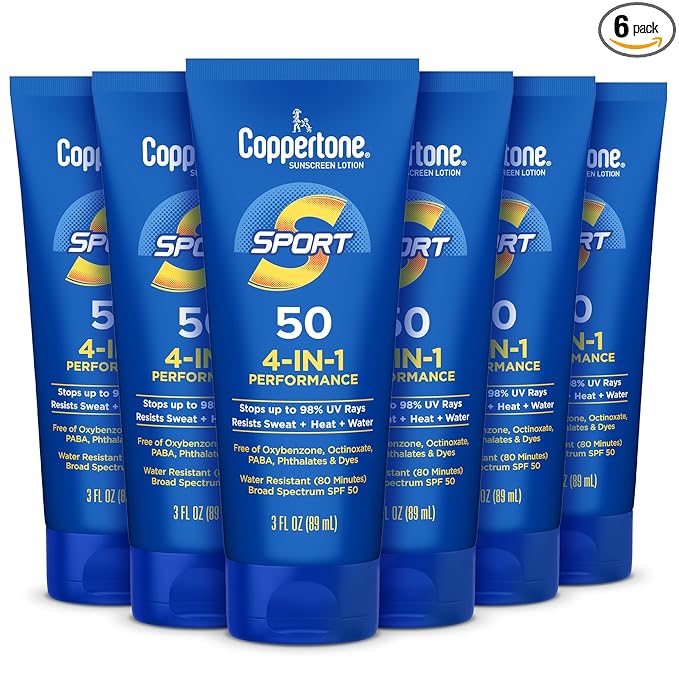 Coppertone Sport Sunscreen Lotion SPF 50, Sweat, Heat and Water Resistant Sunblock, Lightweight, Oxybenzone Free, Travel Size Sunscreen Bulk Pack, 3 Fl Oz Bottle, Pack of 6