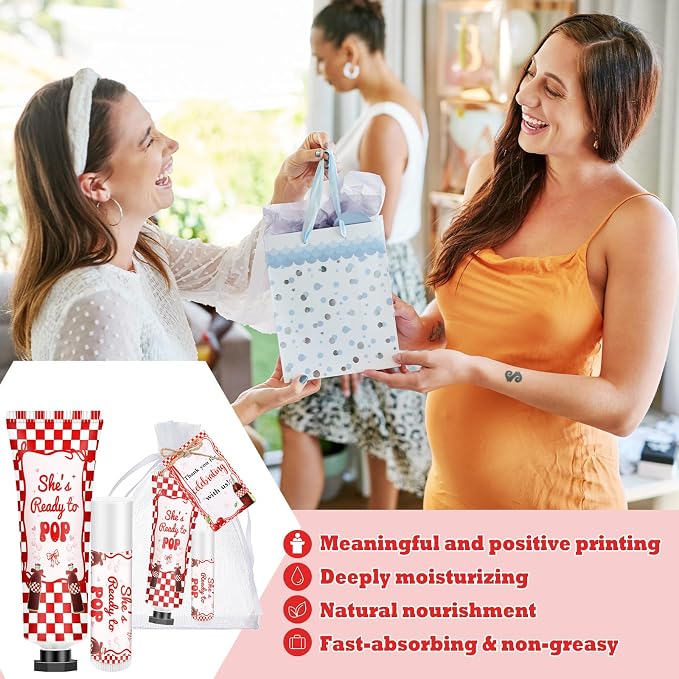 50 Sets 200 Pcs She's Ready to Pop Baby Shower Hand Lotion and Lip Balm Gift Theme Baby Shower Party Favors Travel Size Hand Lotion and Lip Balm Bulk with Organza Bags Tags
