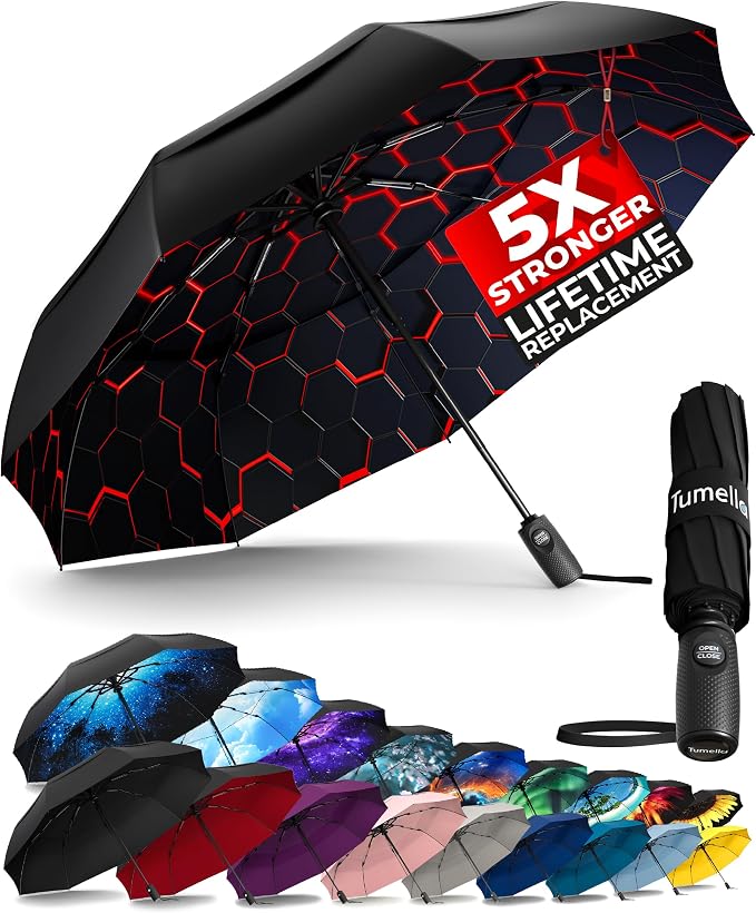 TUMELLA Strongest Windproof Travel Umbrella (Compact, 100MPH Wind-Tested), Light, Portable, One-Handed Use, Automatic Folding Rain Umbrella, Durable, Premium Grip, Fits Car & Backpack