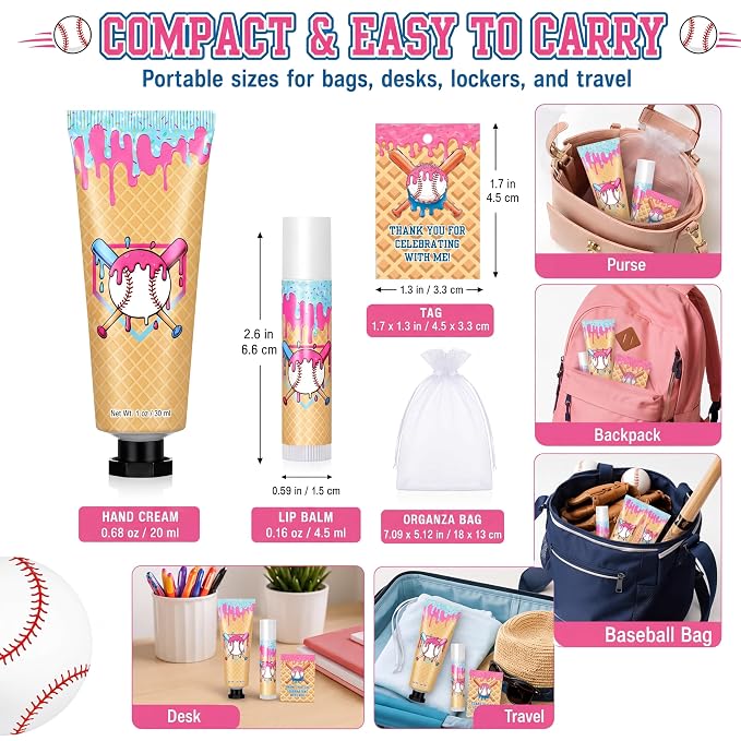 30 Sets Baseball Drip Party Favors Ice Cream Drip Baseball Hand Cream and Lip Balm Bulk with Organza Bag Thank You Tag for Teen Adults Sport Party Favor Team Birthday Gifts