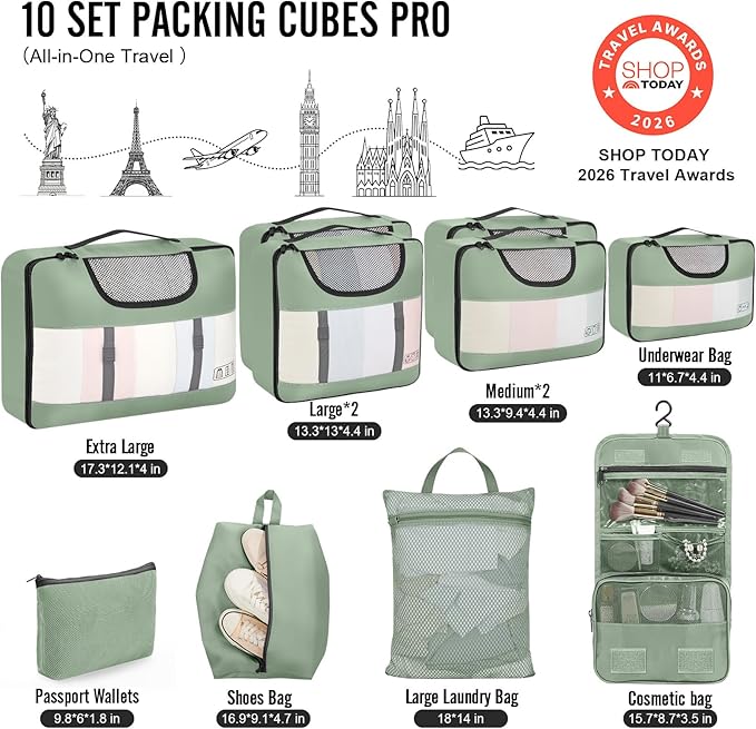 Veken 10 Set Packing Cubes for Travel Essentials, Suitcase Organizer Bags in 4 Sizes, Carry-On Luggage Accessories with Large Laundry Bag & Passport Holder, Must-Have for Airplane, Road Trip & Camping