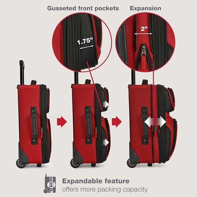 U.S. Traveler Rio Lightweight Softside Rolling Carry-on Suitcase, 2-Wheel Single, Red