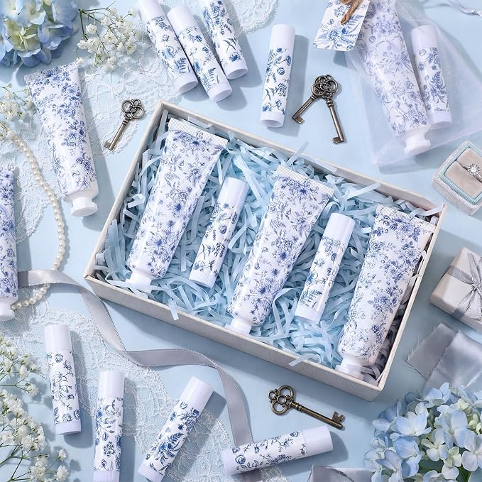 Loopeer 48 Sets Blue Floral Bridal Shower Hand Cream and Lip Balm Gift Bulk Blue Flower Wedding Favors Travel Size Hand Lotion and Lip Balm Wedding Bridal Baby Shower Party Supplies for Guests