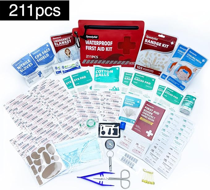 211 PCS Waterproof First Aid Kit, IPX7 Rated Dry Bag with Airtight Zipper, Portable Emergency Medical Supplies for Hiking, Boating, Swimming, Camping & Outdoor Activities