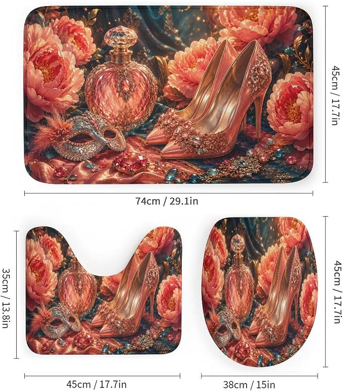 Floral Embellished High Heels Perfume Bathroom Rug Set 4 Piece with Shower Curtain Non Slip Bath Mat Set Microfiber Bathroom Decor Toilet Lid Cover U Shape Rug Waterproof Bathroom Accessories