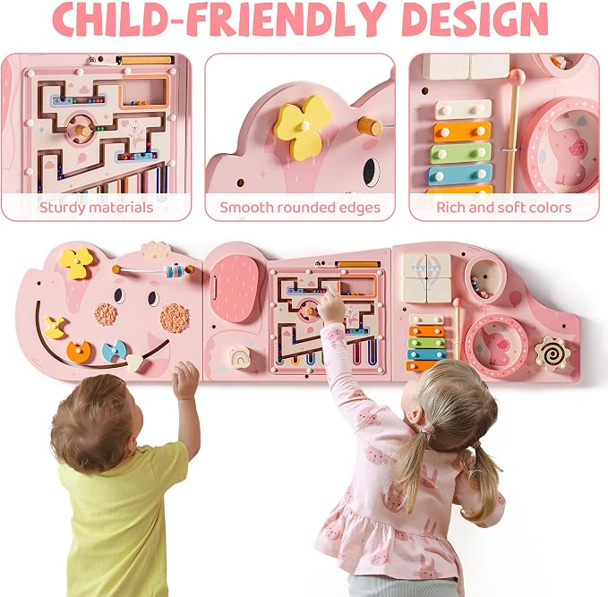 ROBUD Elephant Montessori Busy Board, 12-in-1 Activity Wall Busy Board, Montessori Sensory Wall Panel for Boys & Girls, Toddler Learning Activity Center for Playroom, Nursery, Pink