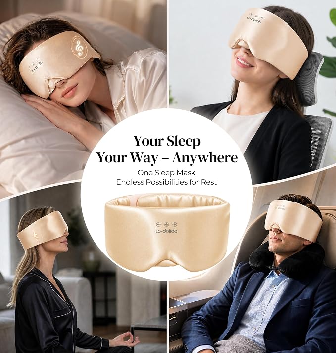 LC-dolida 3D Silk Bluetooth Sleep Mask, Mulberry Silk Sleep Mask with Bluetooth Headphones, Bluetooth Eye Sleep Mask for Side Sleepers, Total Blackout Bluetooth Eye Mask for Women Men, Champagne