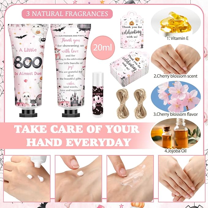 50 Sets 200 Pcs Pink Boo Baby Shower Hand Lotion and Lip Balm Gift Theme Baby Shower Party Favors Travel Size Hand Lotion and Lip Balm Bulk with Organza Bags Tags