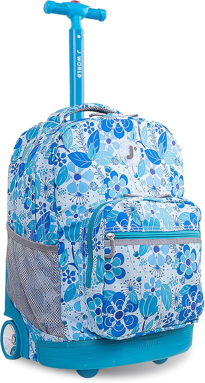 J World Sunrise Kids Rolling Backpack for Girls Boys. Roller Bookbag With Wheels For School, Blue Vine