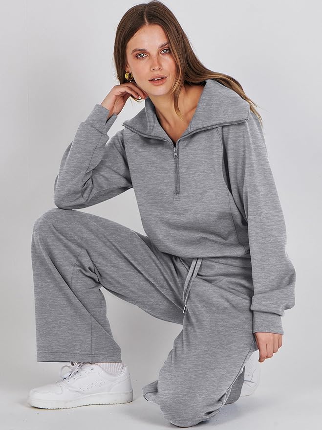 ANRABESS Women’s 2 Piece Outfits Half Zip Sweatshirt & Wide Leg Pants Airport Travel Lounge Matching Sets Sweatsuits Clothing