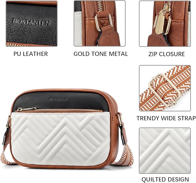 BOSTANTEN Quilted Crossbody Bags for Women Vegan Leather Purses Shoulder Handbags with Wide Strap