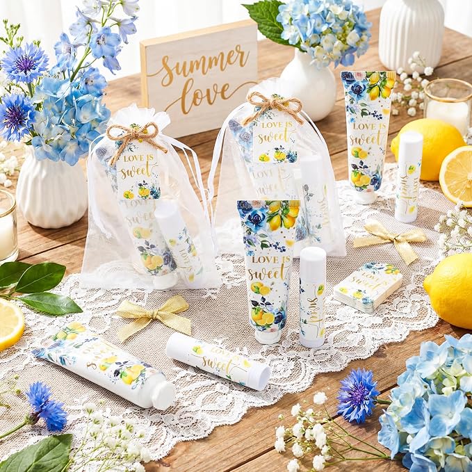 24 Sets Blue Floral Lemon Hand Cream and Lip Balm Gift, Love Is Sweet Bridal Shower Favors for Guest Travel Size Hand Lotion and Lip Balm Bulk Lemon Bridal Shower Birthday Party Supplies
