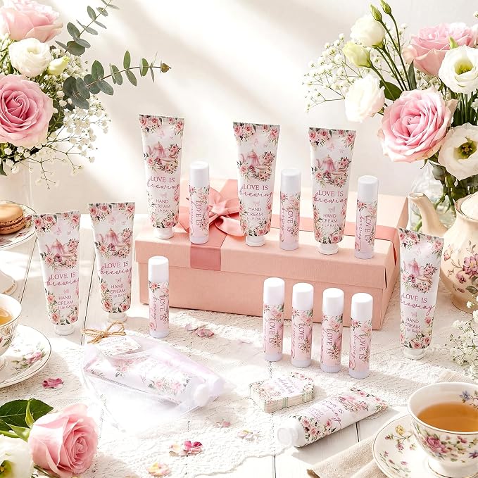 Loopeer 30 Sets Love Is Brewing Bridal Shower Hand Cream and Lip Balm Gift Bridal Shower Party Favors Thank You Gift for Guest Travel Size Wedding Party Supplies (Pink Floral)