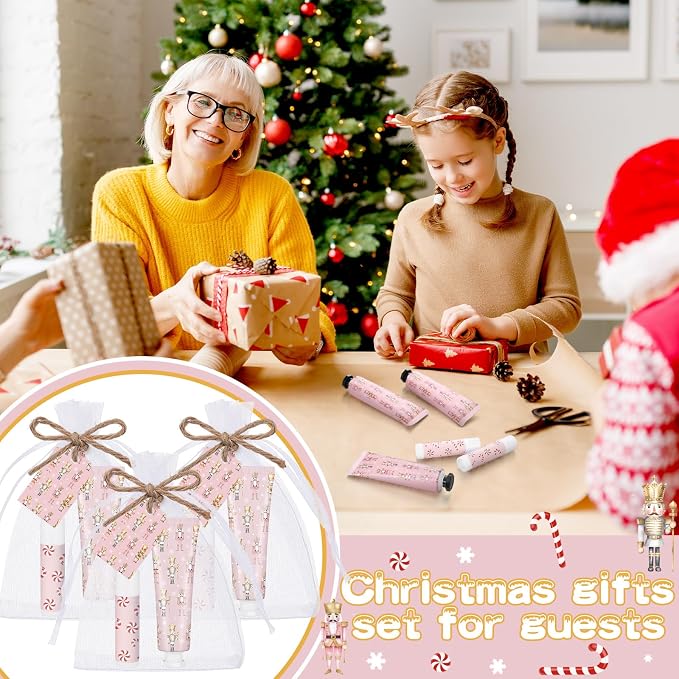 24 Sets Christmas Pink Nutcracker Hand Cream and Candy Lip Balm Gift Christmas Party Favors Travel Size Hand Lotion and Lip Balm Bulk Wedding Bridal Baby Shower Party Supplies for Guest