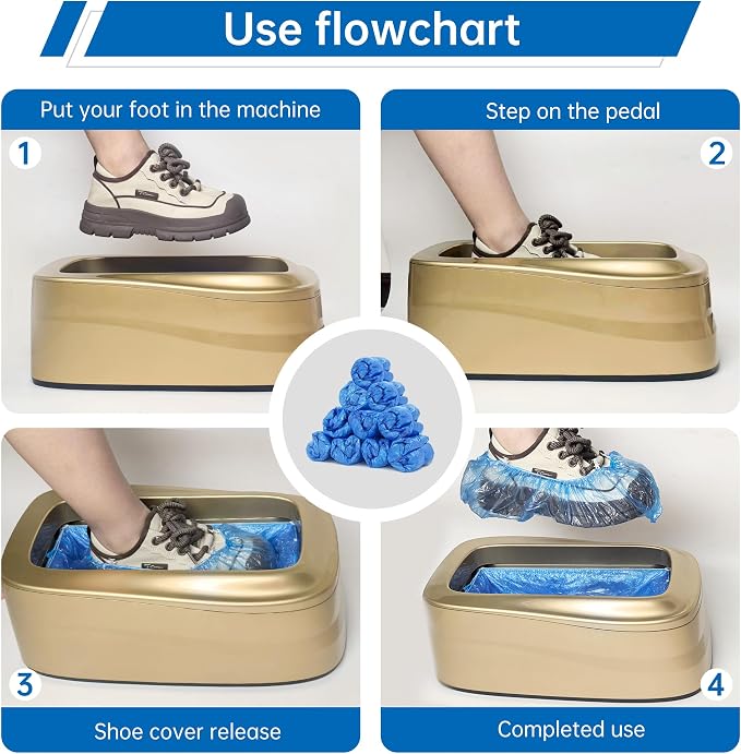 Upgraded Large Automatic Shoe Cover Dispenser, Waterproof & Non-Slip with 200 Disposable Covers, Fits Men’s Shoes to Size 12, Heavy Duty for Home, Office, Factory, Indoor Use, Gold Decorative Design