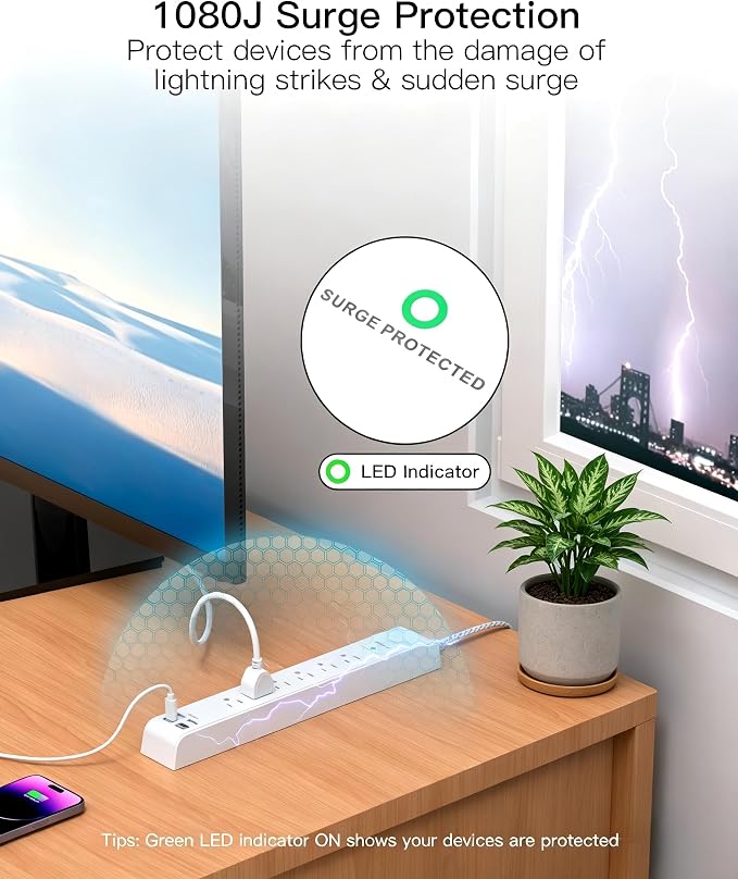 2 Pack Power Strip 15FT, Surge Protector with 6 Outlets and 4 USB Ports (2 USB C), Flat Plug Overload Protection, Extension Cord with Multiple Outlets, Wall Mount for Home Dorm College