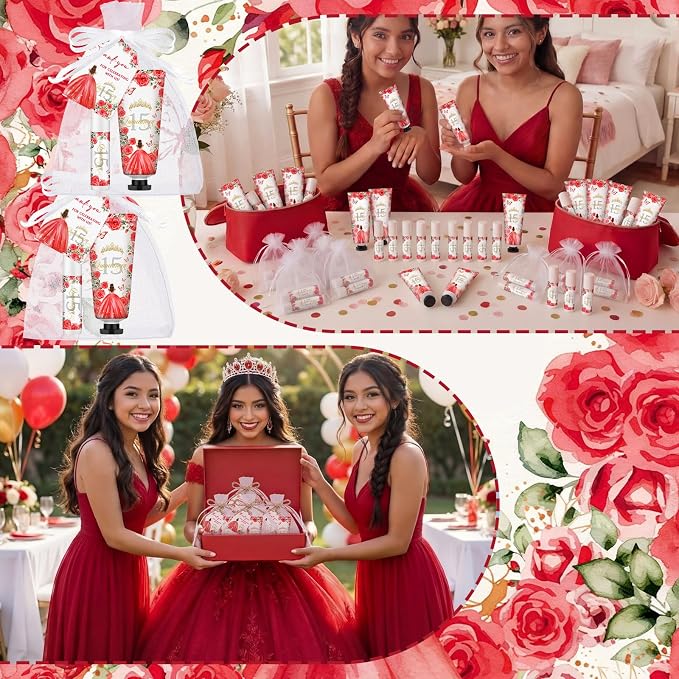 Leelosp 25 Set/100 Pcs Quinceanera Party Favor for Guest with Travel Size Hand Cream, Lip Balm, Card, Organza Bags Quinceanera Gift Set Sweet 15th Party Supply Birthday Souvenir(Red)