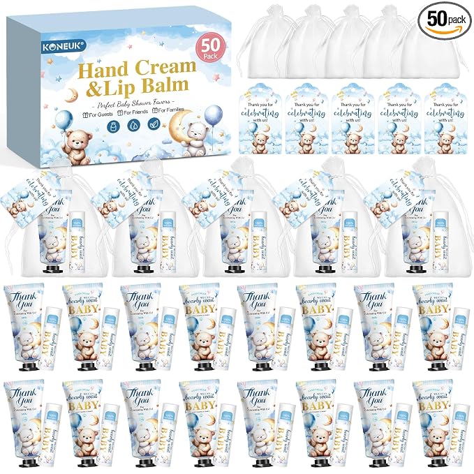 50 Pack Lip Balm and Hand Cream Bulk Gifts Sets, Baby Shower Party Favors and Bridal Shower Favors for Guests with Thank You Card and Organza Gift Bags, Thank You Gifts Bulk, Baby Shower Prizes (Bear)