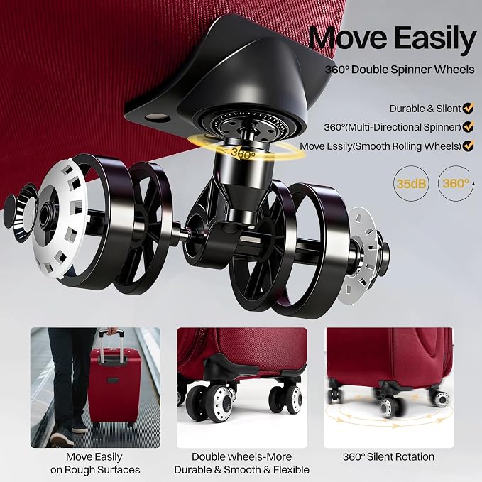 24'' Softside Expandable 15% Rolling Luggage with Double Spinner Wheels & w/LOCK,Lightweight Travel Luggage for Men Women（Burgundy-Grey,24in）