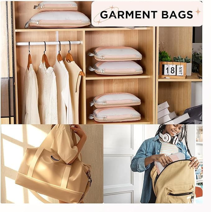 10 Set Compression Packing Cubes for Travel Gifts Mom Women,OlarHike Luggage Clothes Garment Bags for Travelers,Airplane/Cruise/Car Travel Essentials,Compressible Expandable Saver Space Bags(Beige)