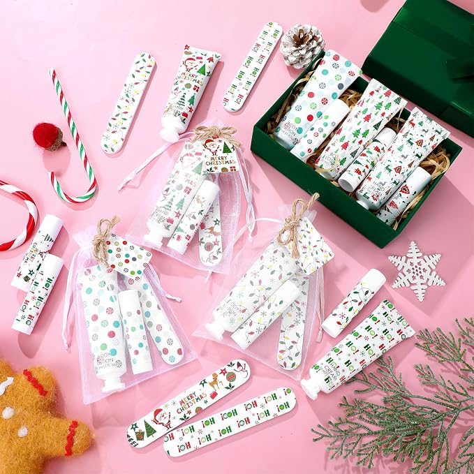 24 Sets/144 Pcs Christmas Party Favors Christmas Hand Cream Body Lotion Lip Balm Nail File Gifts Set Xmas Stocking Stuffers Travel Size Lotion Bulk Holiday Party Supplies for Coworkers Women Adults
