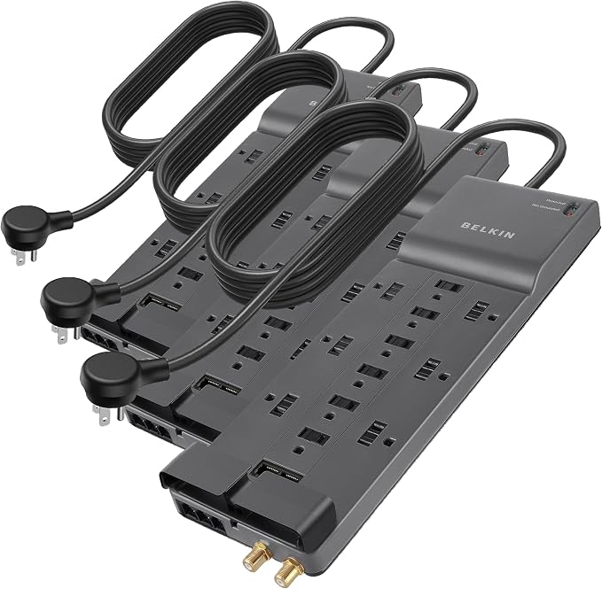 Belkin Power Strip Surge Protector with 12 AC Multiple Outlets,10' Long Flat Plug Heavy Duty Extension Cord for Home,Office,Travel,Computer Desktop,Laptop & Phone Charging Bricks (4,156 J) (Pack of 3)