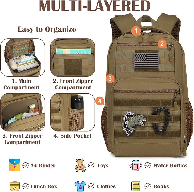 Kids Tactical Backpack Army Molle Bookbag Military Boys Backpack for School, Outdoor, Camping, Brown