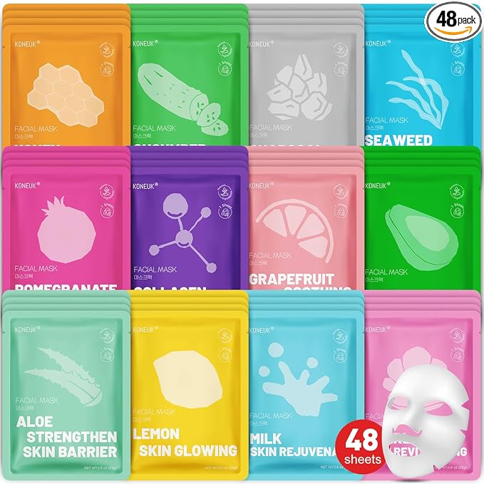 KONEUK 48 Pack Collagen Hydrating Face Masks Skincare for Women, Moisturizing & Soothing Face Mask for All Skin Types, Facial Masks Set Spa Gifts for Women, Bulk Sheet Face Mask for Skin Care
