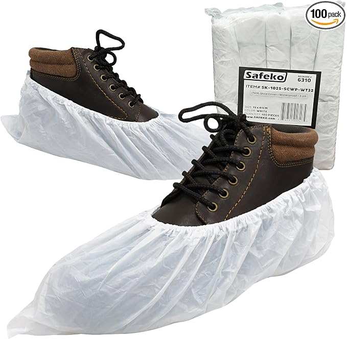 Waterproof Shoe Covers – Non-Slip, Disposable CPE Boot Covers, White, 100 Pack