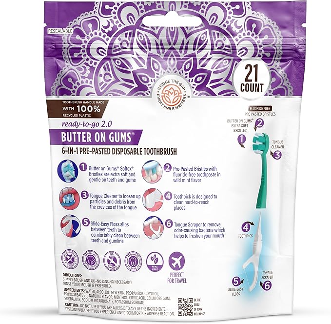 GuruNanda 6-in-1 Ready-to-Go Disposable Toothbrush, Pre-Pasted Butter on Gums Softex Bristles, Floss & Toothpick, Tongue & Cheek Cleaner, Individually Wrapped & TSA Friendly, 21 Ct
