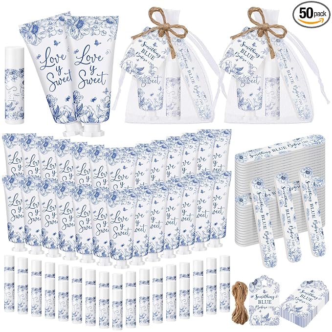 Leelosp 50 Sets Something Blue Before I Do Bridal Shower Hand Cream Lip Balm Nail File Gift Bulk Blue Floral Wedding Favors Travel Size Thank You Gifts Set Bridal Shower Favors for Guests